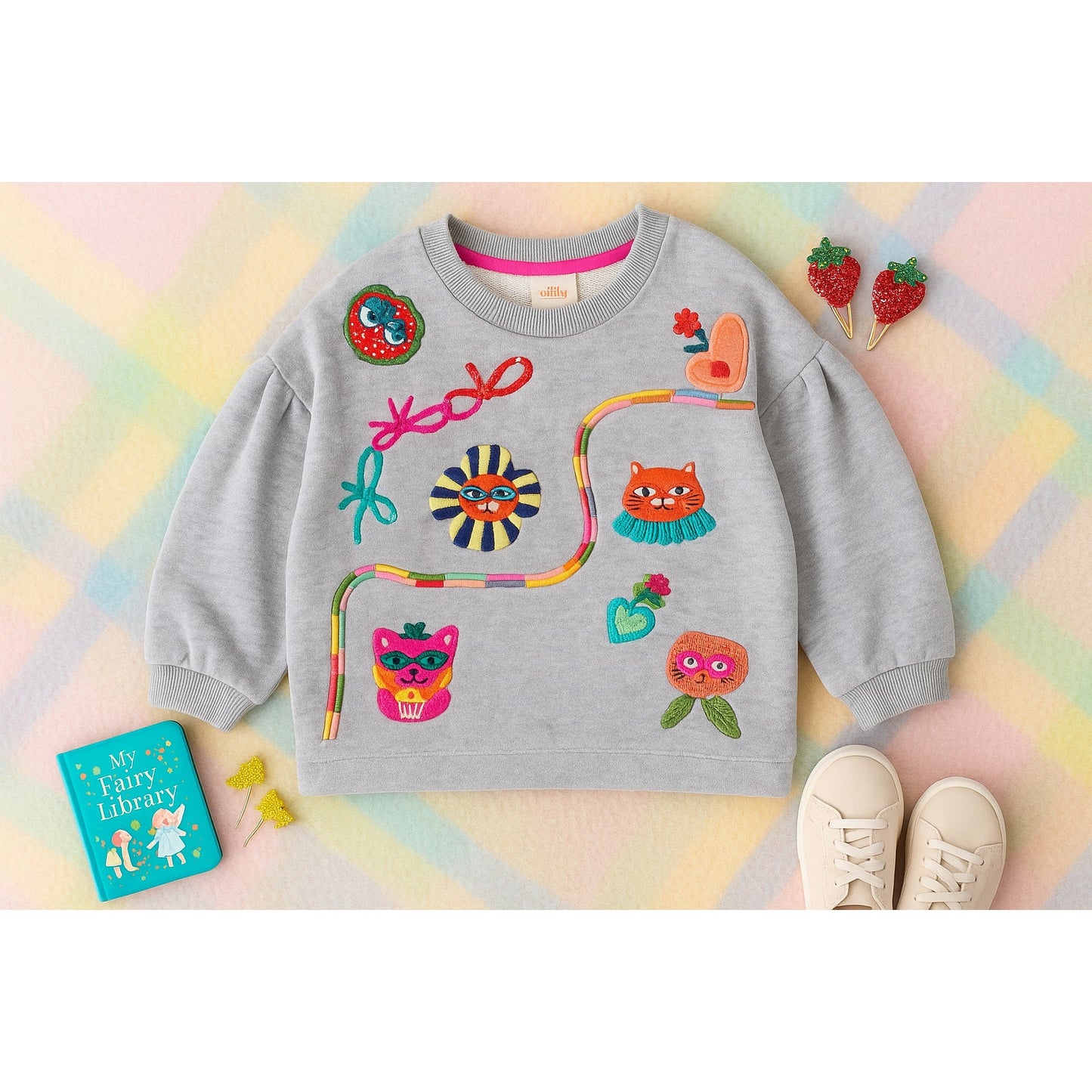 Oilily Believe Sweater Gray Crewneck Girls Size 7 | 122cm Sequins & Embroidery Puff Sleeve Cotton
