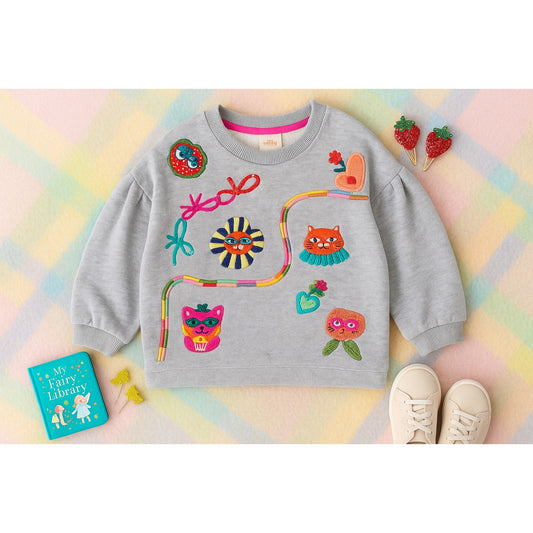 Oilily Believe Sweater Gray Crewneck Girls Size 7 | 122cm Sequins & Embroidery Puff Sleeve Cotton