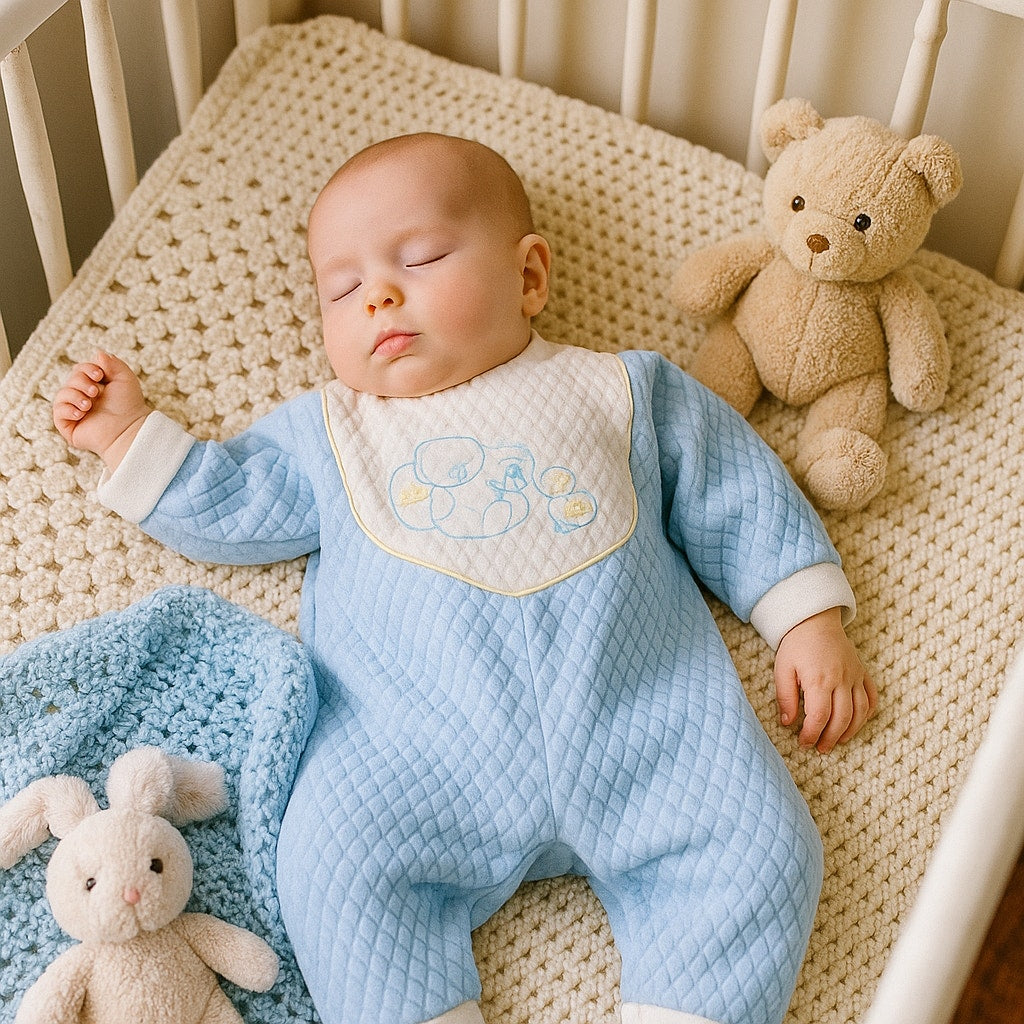 Vintage 1980s LéRoi Kov.R.Alls Blue Quilted Baby Sleeper | Teddy Bear & Duck Embroidery | Size 0-3 Months | Made in USA