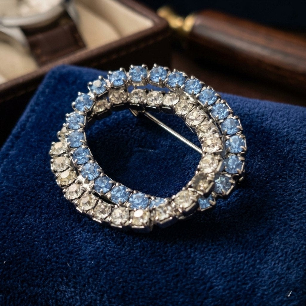Vintage Sapphire Blue and Diamond Rhinestone Circle Brooch | Mid Century Double Row Wreath Pin