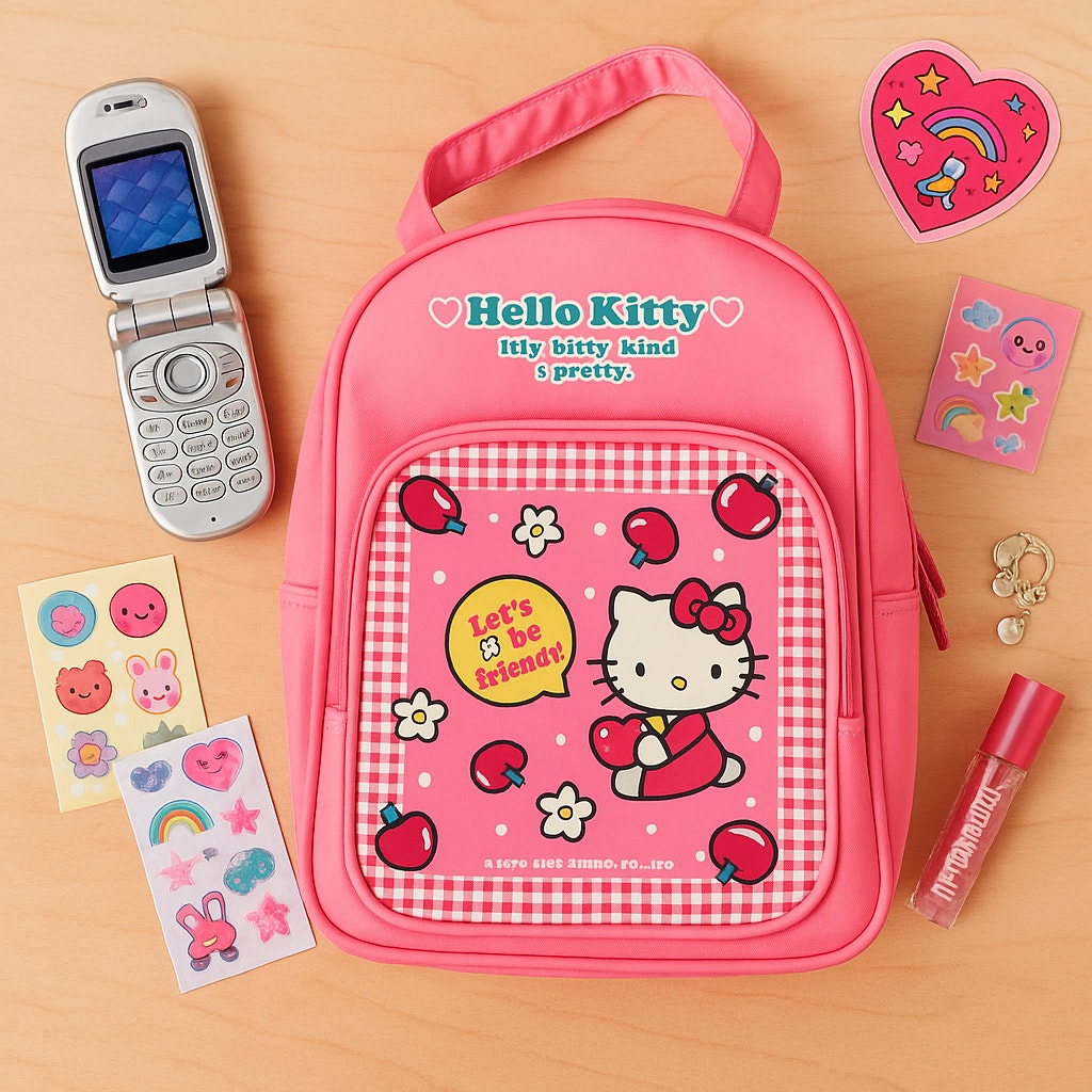 Vintage 2002 Kids Sanrio Hello Kitty Pink Bag – Cherries Daisies Gingham Print – "Let’s Be Friends" – Kawaii Collectible Tote – NWT