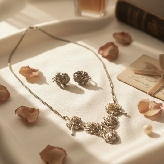 1940s Sterling Silver & Marcasite Rose Necklace and Earrings Set | Romantic Floral Art Deco Jewelry