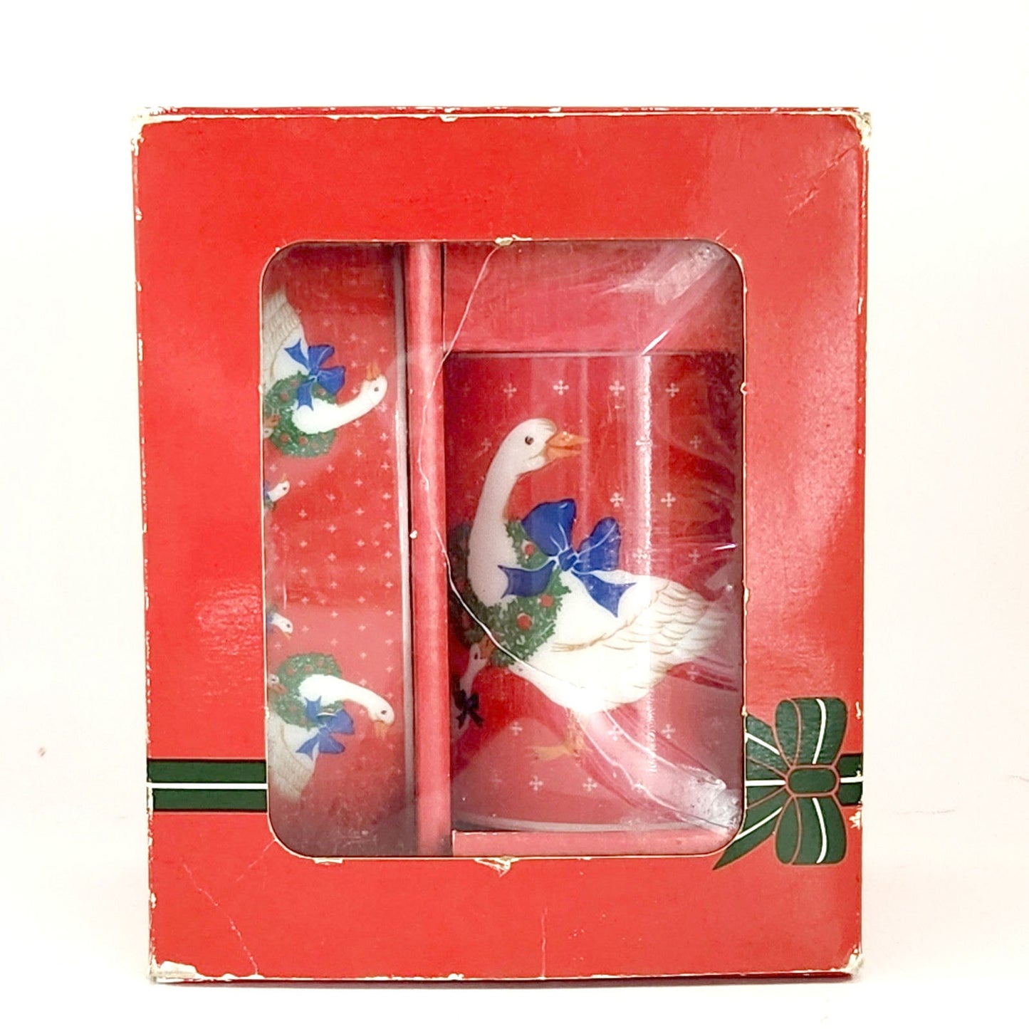1980s Christmas Goose Bath Set – Soap Dish & Tumbler in Original Box – Red Holiday Goose with Wreath & Blue Bow