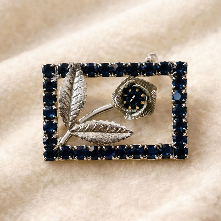 Vintage Mid-Century Blue Rhinestone Flower Brooch | Sapphire Crystal Rectangular Pin