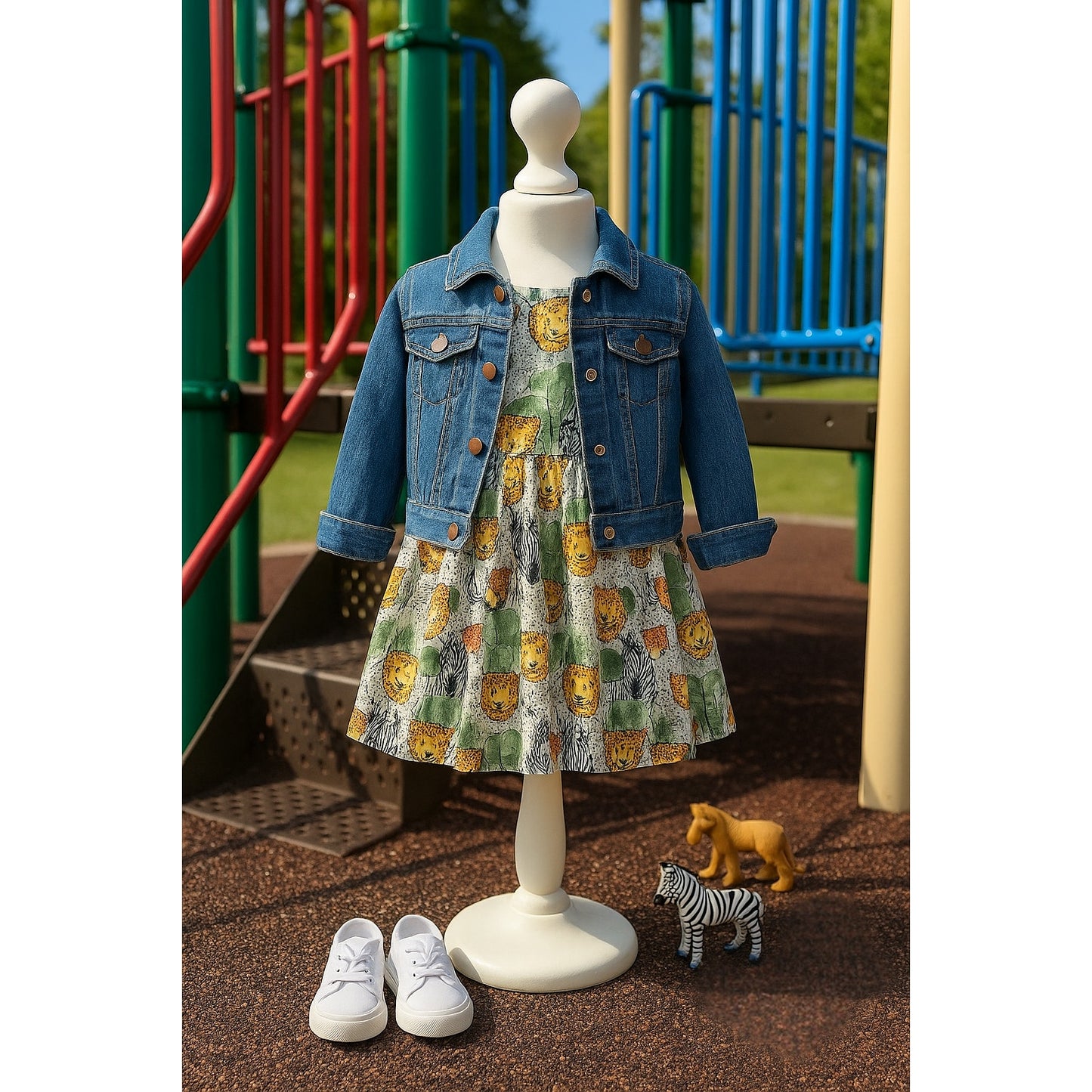 Tea Collection Girls Safari Toile Butterfly Sleeve Twirl Dress – Size 6 – Elephants, Lions, Zebras, Cheetahs Print