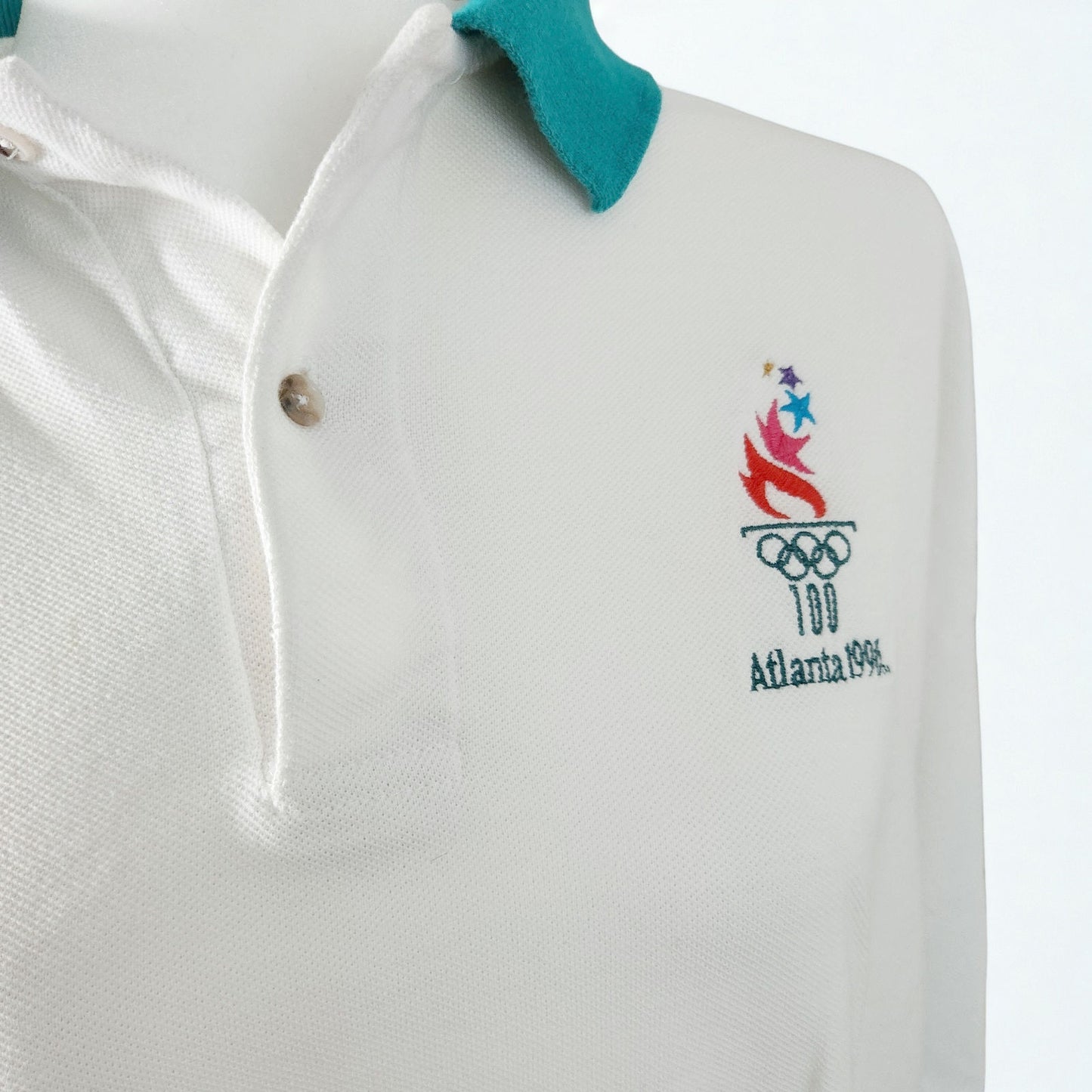 Vintage 1996 Atlanta Olympics White Teal Polo Shirt | Size XL | Hanes USA Official