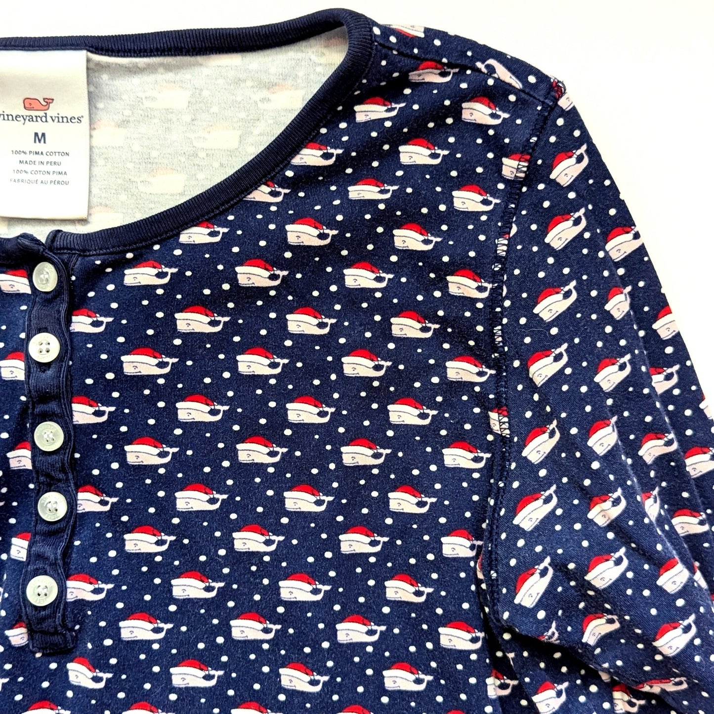 Vineyard Vines Festive Christmas Pajama Henley Top Santa Whale Navy | Women’s M