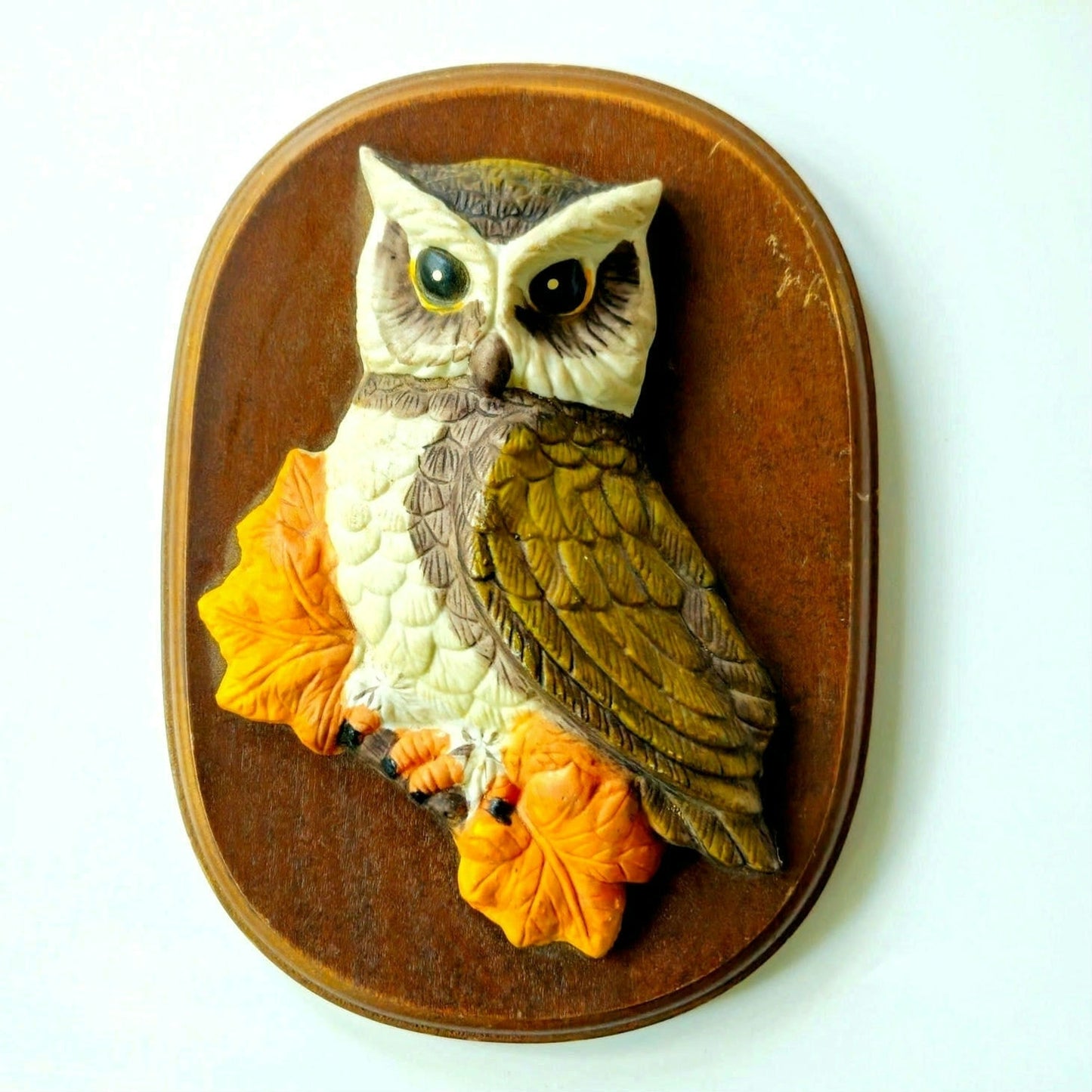 Vintage 1970s Owl Wall Plaque | 3D Resin Owl on Hardboard | MCM Autumn Kitsh