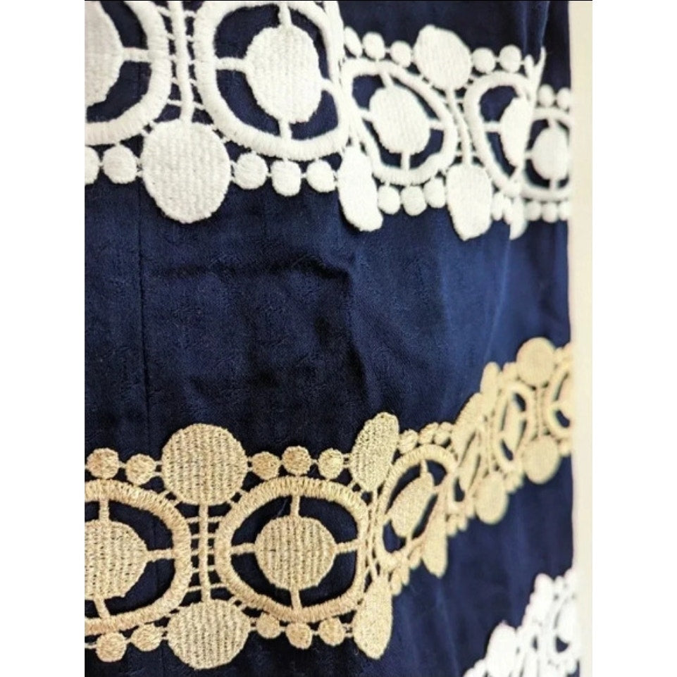 🌸 Lilly Pulitzer Augusta Shift Dress Navy Blue White Gold Lace Trim – Size 0 XS