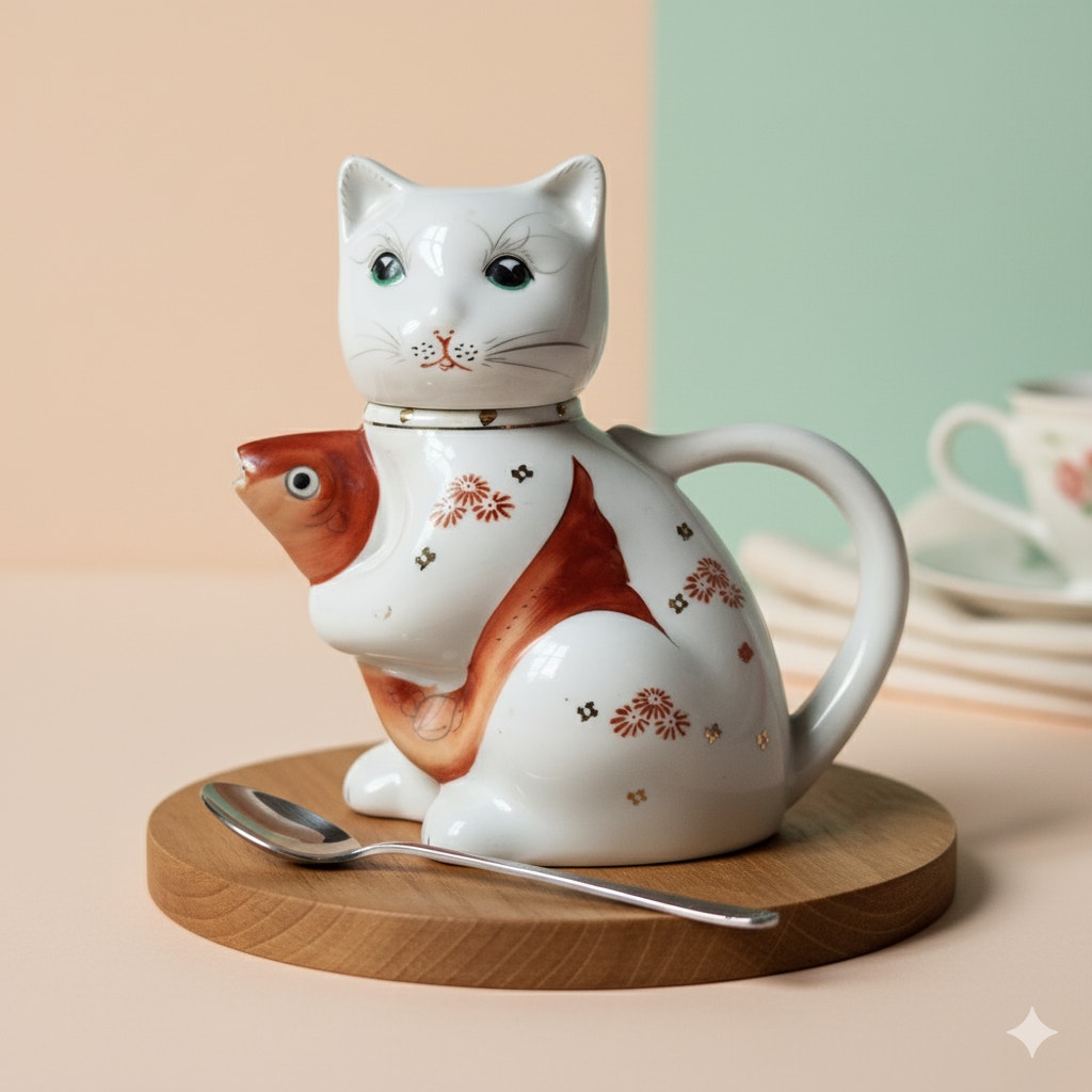 Vintage Cat & Koi Porcelain Teapot • Hand-Painted Lid/Spout • Metallic Gold