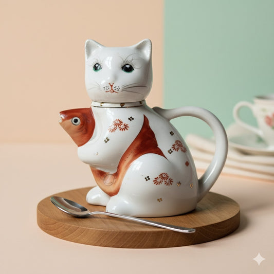 Vintage Cat & Koi Porcelain Teapot • Hand-Painted Lid/Spout • Metallic Gold
