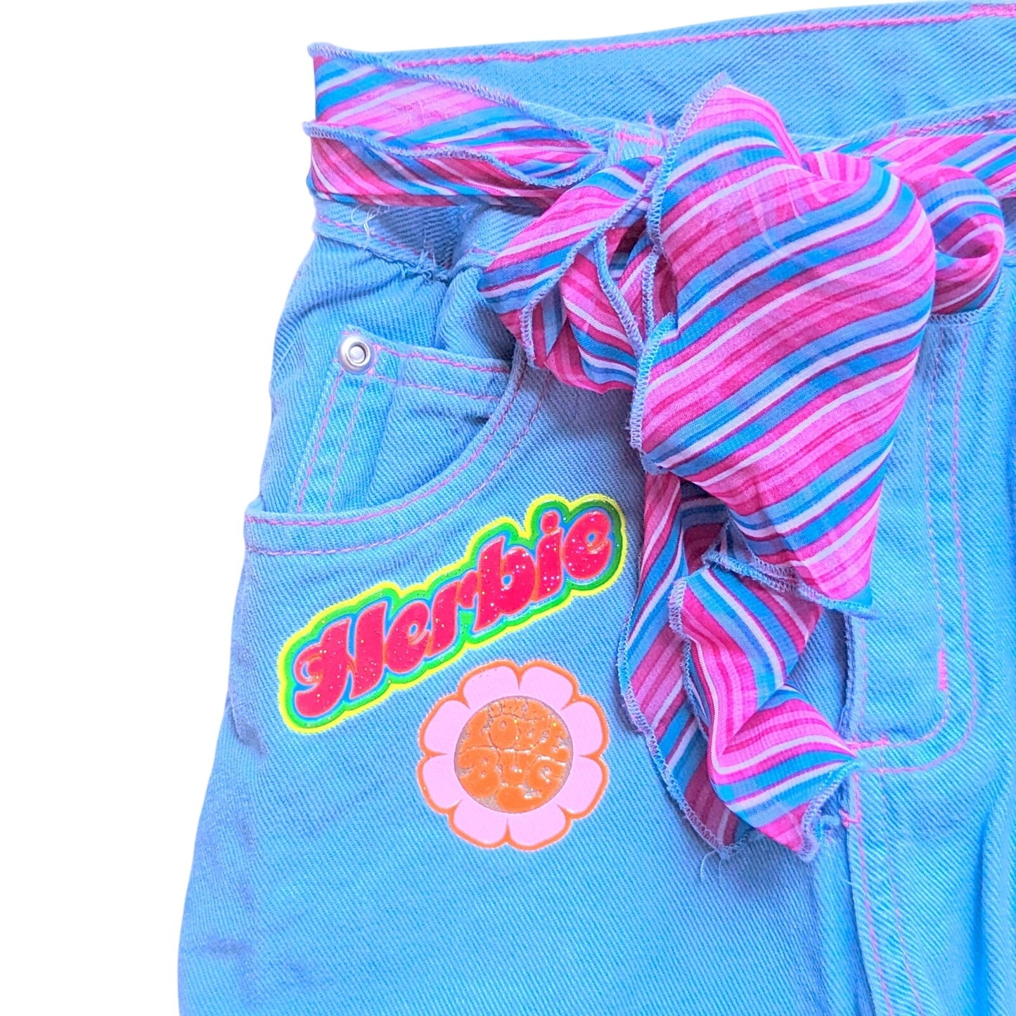 Vintage 2005 Disney Herbie Fully Loaded Pants | Girls 7/8 | Blue Cuffed Love Bug Flower Power Scarf Belt