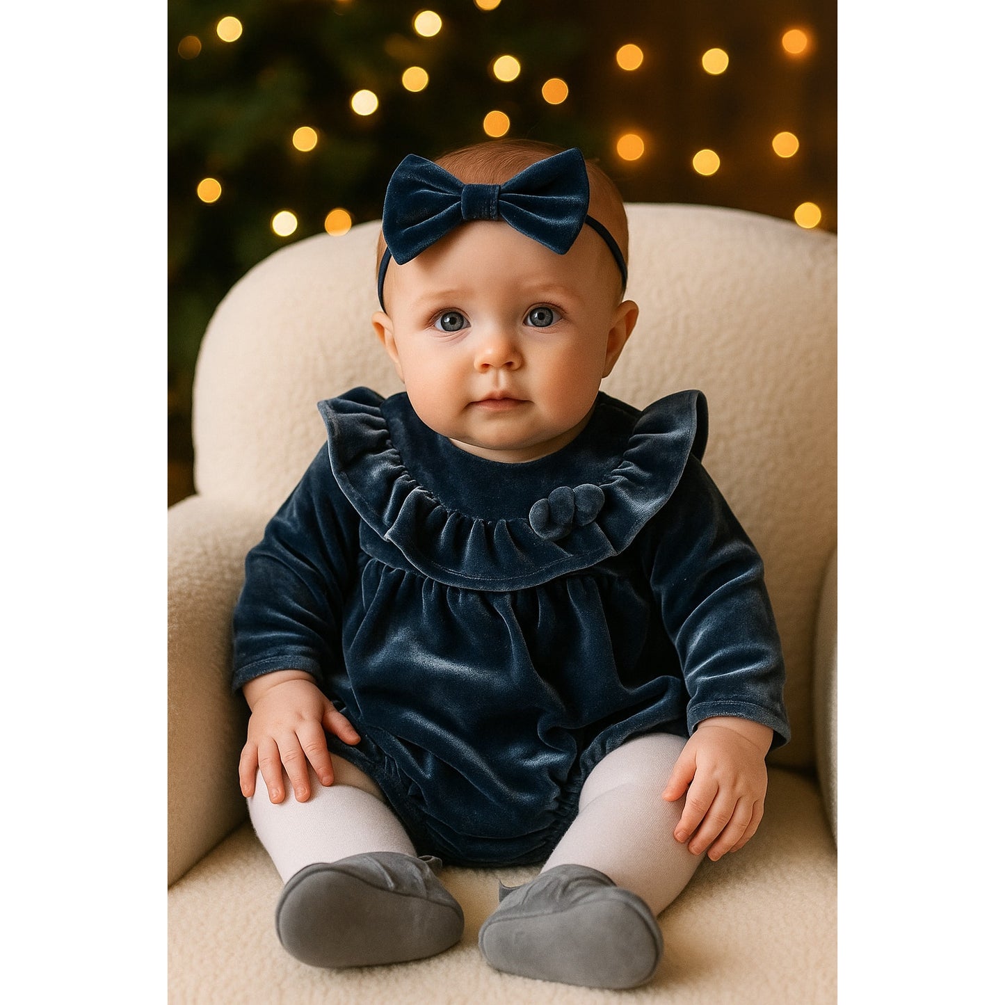 Mud Pie	Blue Velvet Baby Romper | Long Sleeve Ruffle One Piece | NWT | Size 3-6M