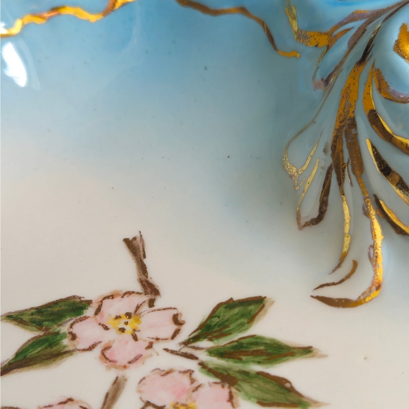 Vintage Hand-Painted Blue Cherry Blossom Trinket Dish | Signed “Lehe 1960”