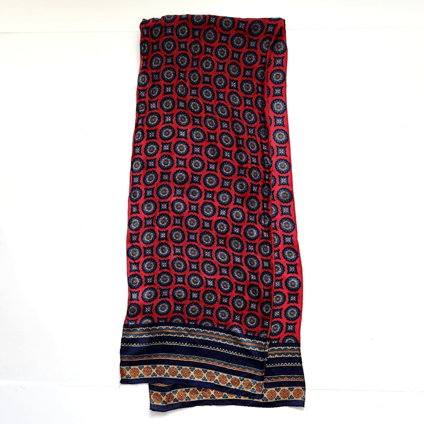 Vintage 1990s Women's Club 7 Echo Silk Scarf – Red & Navy Geometric Print – 26"x11"