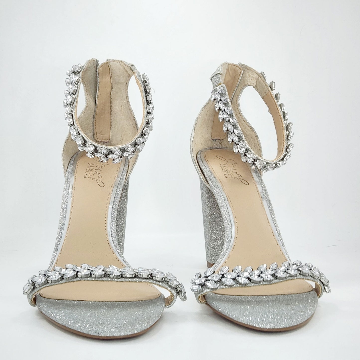 Jewel by Badgley Mischka Women’s Mayra Ankle Strap Evening Shoes – Silver – Size 9.5