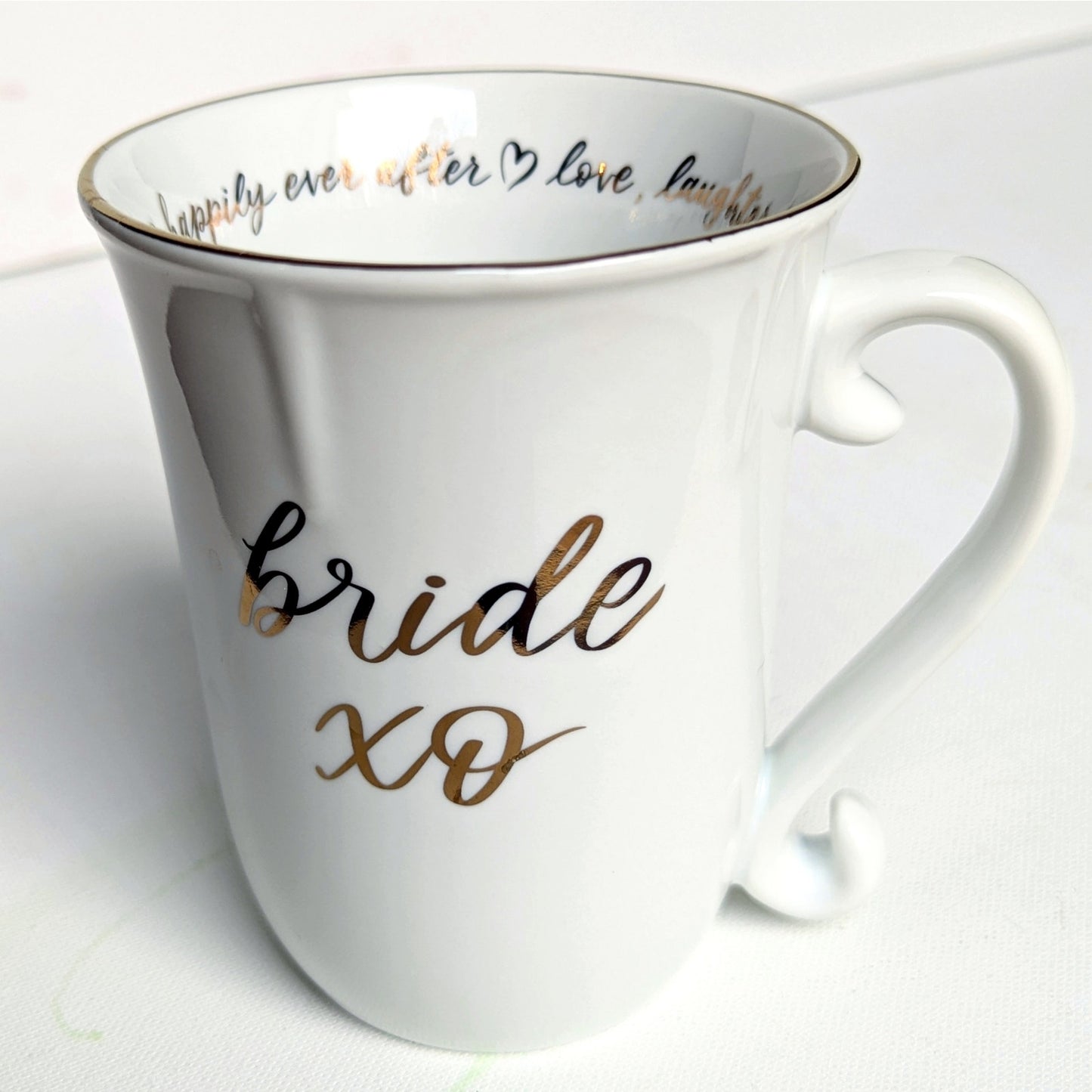 Williams Sonoma “Bride XO” Porcelain Coffee Mug – 14 oz Metallic Gold Script – Discontinued | Home
