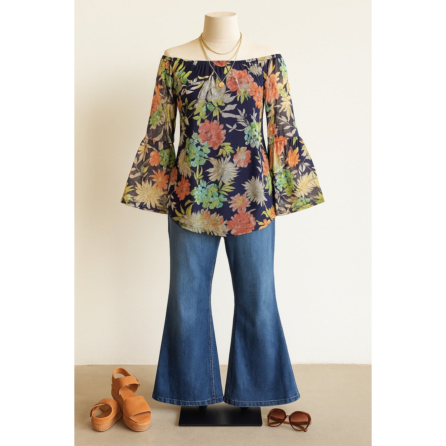 🌸 Cable & Gauge Off-Shoulder Mesh Floral Blue Blouse – Women's Size Medium