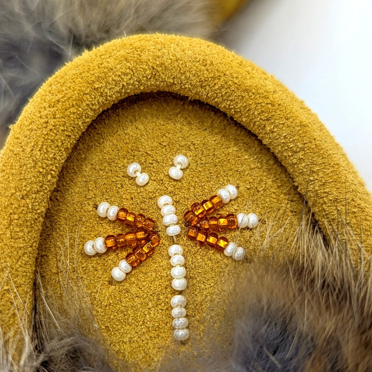 Laurentian Chief Baby Moccasins | Rabbit Fur Trim | Hand-Beaded | Size 4 | Suede Leather | Made in Canada