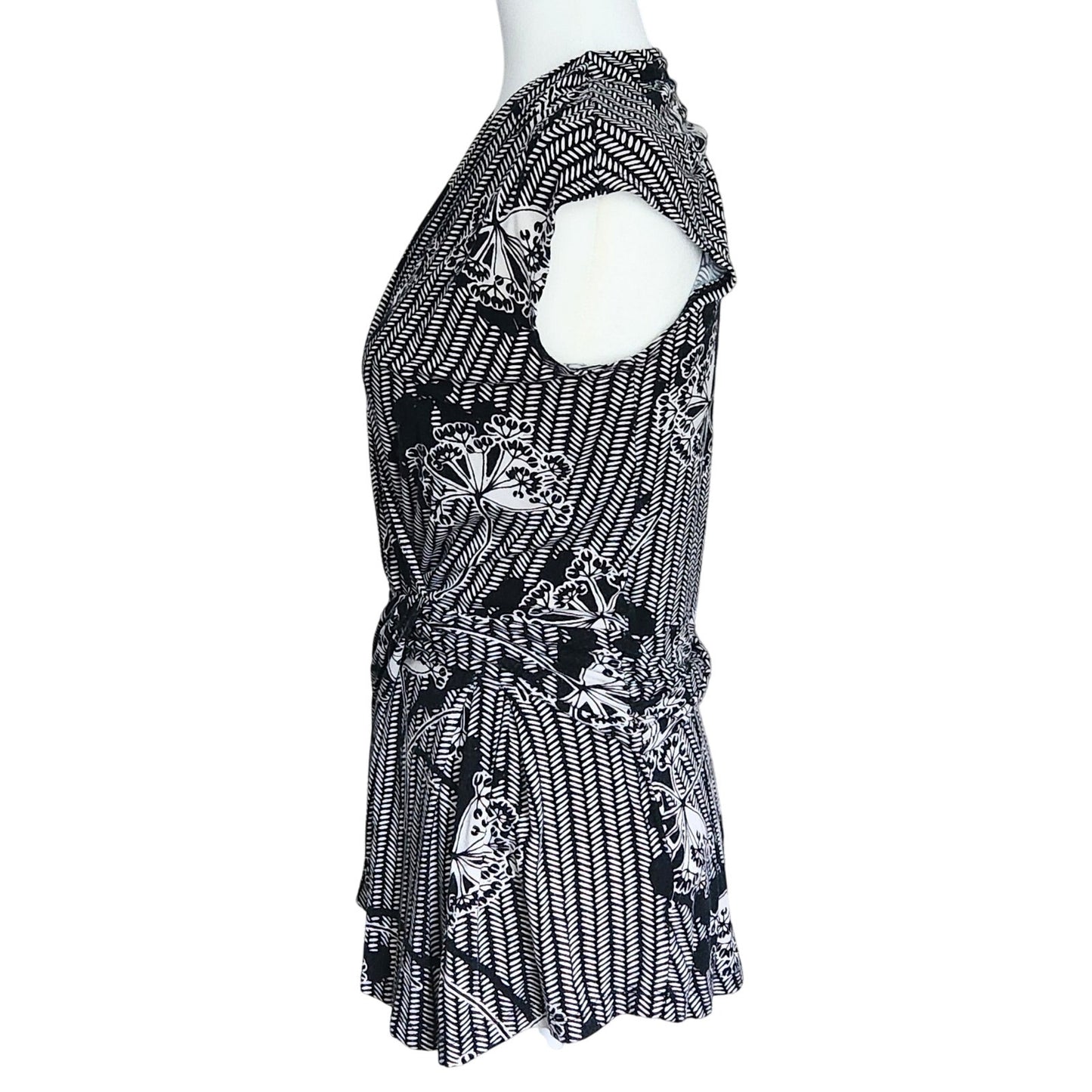 Anthropologie Deletta Lorine Faux Wrap Top | Black White Floral Chevron | Women's M