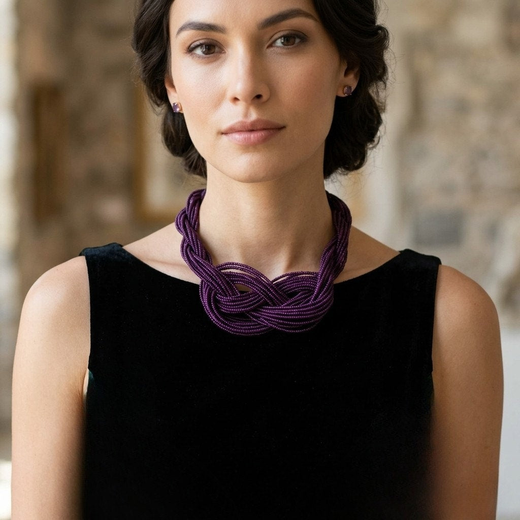 Vintage Y2K Multi-Strand Seed Bead Statement Necklace | Plum Purple Braided Knot