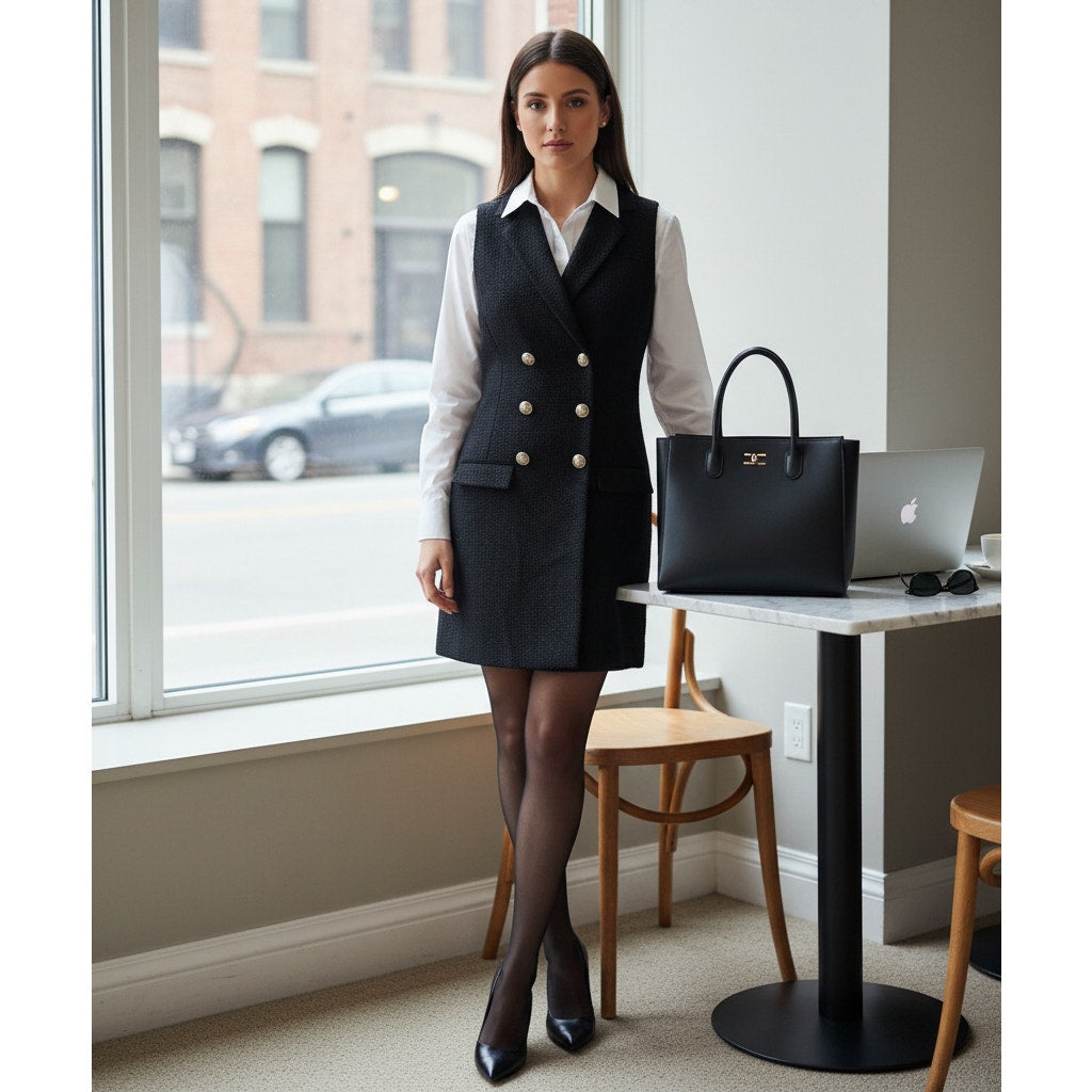 Black Boucle Tweed Sleeveless Double-Breasted Blazer Dress | Women's S