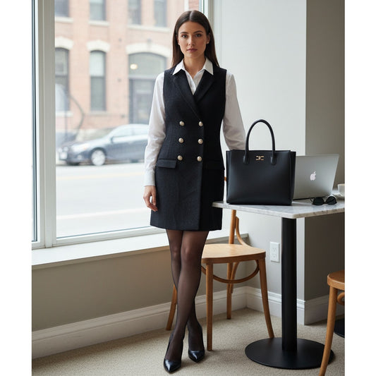 Black Boucle Tweed Sleeveless Double-Breasted Blazer Dress | Women's S