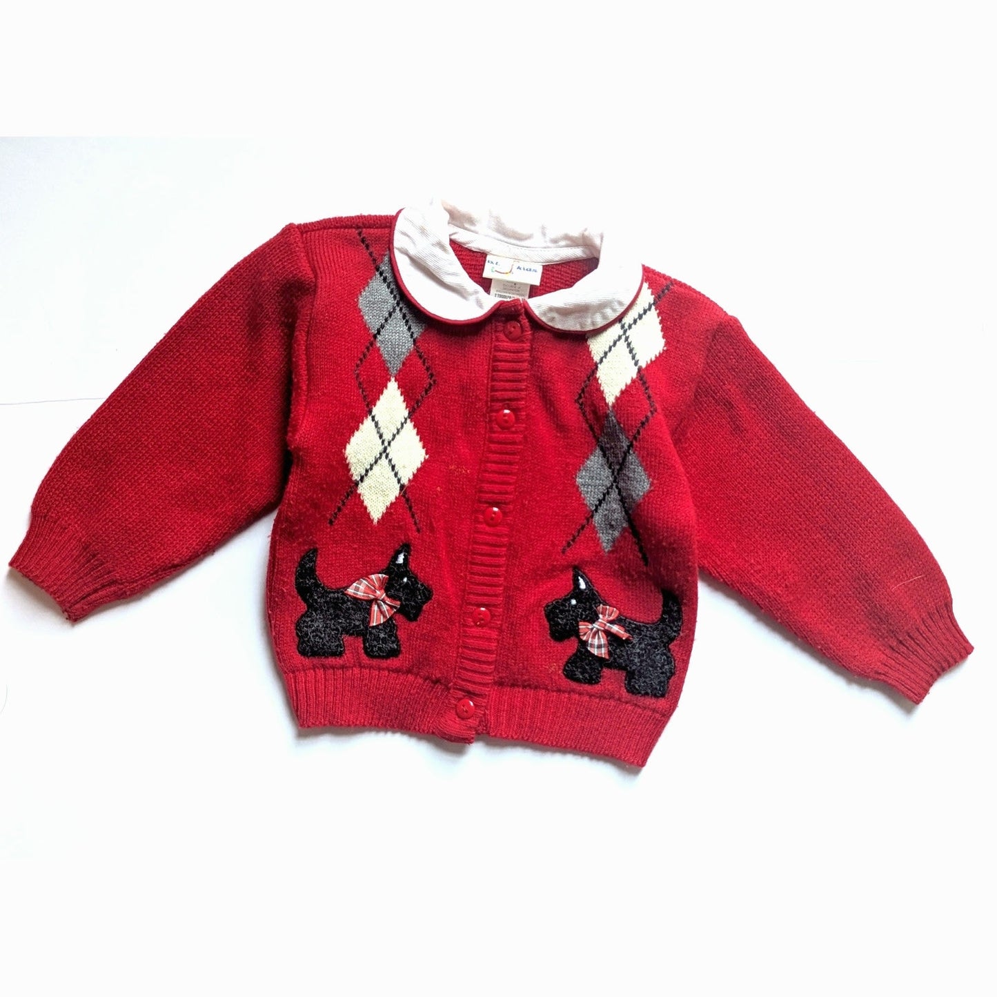 Vintage 90s Toddler Girl’s Red Scottie Dog Cardigan – B.T. Kids 2T – Argyle Sweater with Peter Pan Collar & Plaid Bows