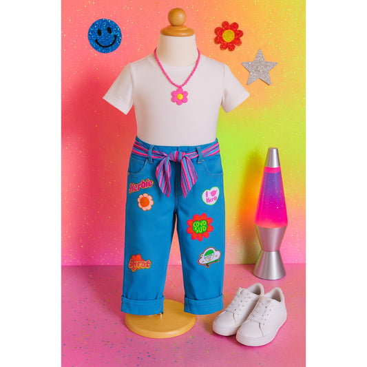 Vintage 2005 Disney Herbie Fully Loaded Pants | Girls 7/8 | Blue Cuffed Love Bug Flower Power Scarf Belt