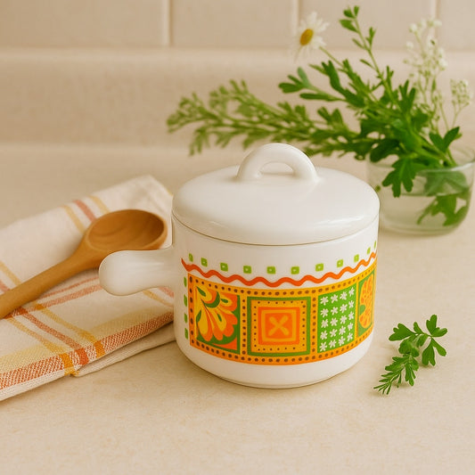 Vintage 1970s Avon Milk Glass Jar with Unopened Candle - Orange Green Yellow Mod Design - Home Decor