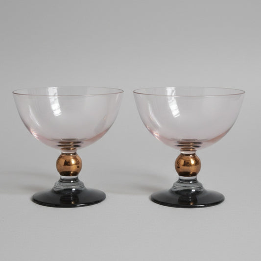 Vintage MCM Blush & Smoke Art Deco Glass Cocktail Coupes – Set of 2 Rose Copper Teal
