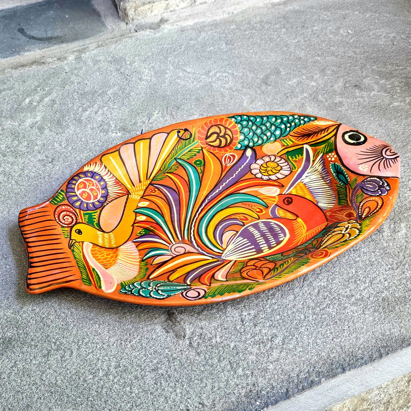 1980s Hand Painted Folk Art Terracotta Fish Tray Wall Plaque