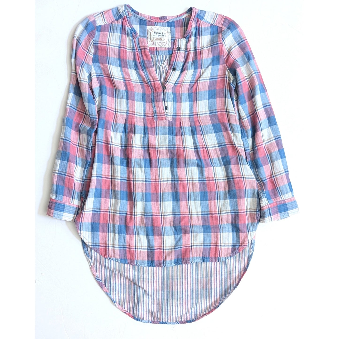 Anthropologie Holding Horses Plaid Tunic Top | Women’s 6 | Pink Mauve Blue Cotton Gauze | High Low Blouse