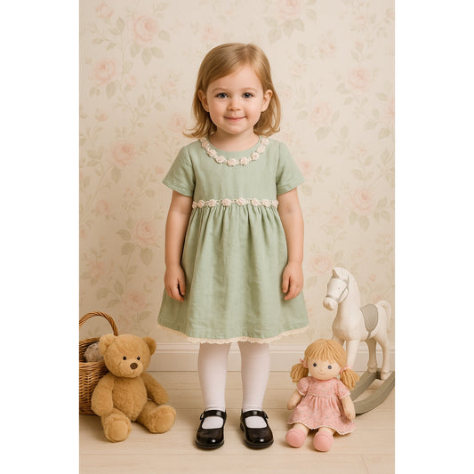 Good Lad of Philadelphia | Vintage 1990s Sage Green Girls Dress 4T | Linen Blend w/ Pink Rosettes & Crochet Lace | Cottagecore Classic