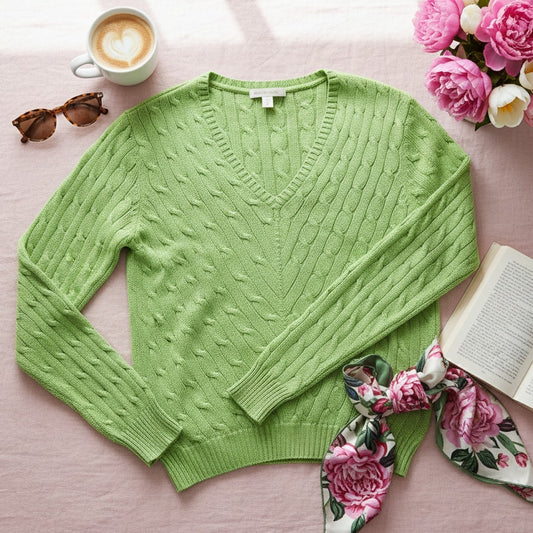 100% Silk Cable Knit V-Neck Sweater | Women's L | Slim Fit