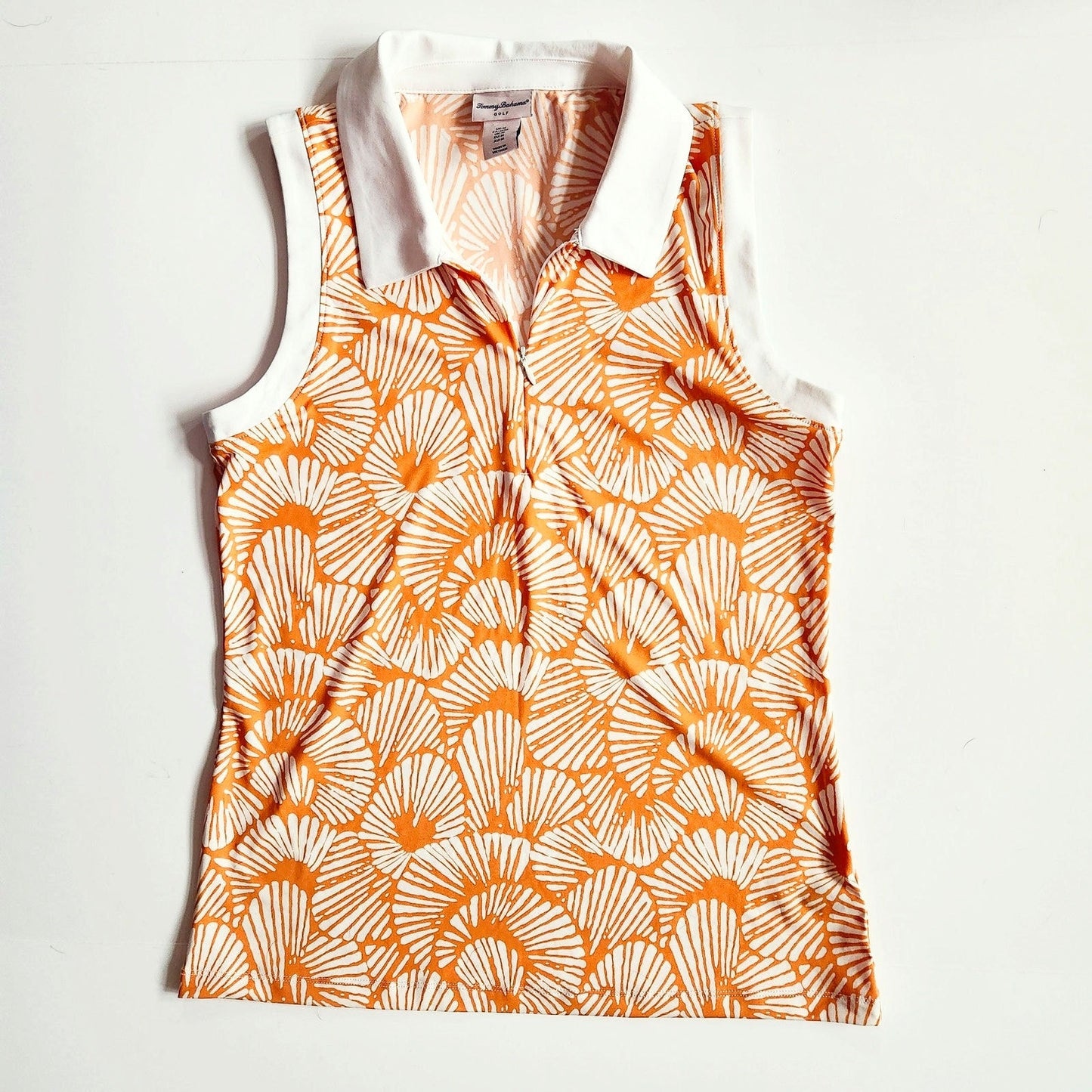 Tommy Bahama Golf Polo | Sleeveless Orange & White Print Collared Top | Women’s Size M Activewear