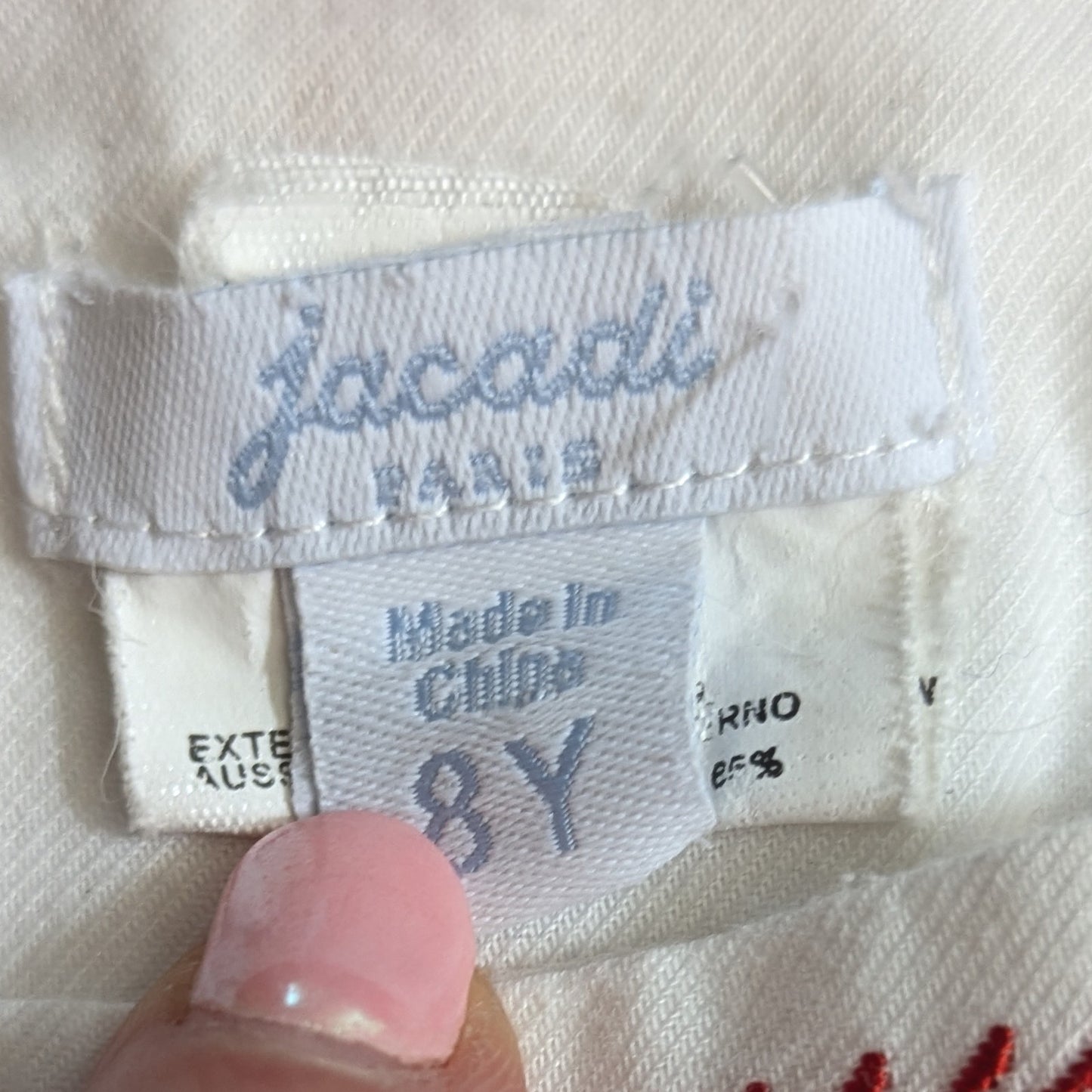 Jacadi White Flannel Long Sleeve Blouse Button Up Red Vine Trim | Girls Size 8 Y