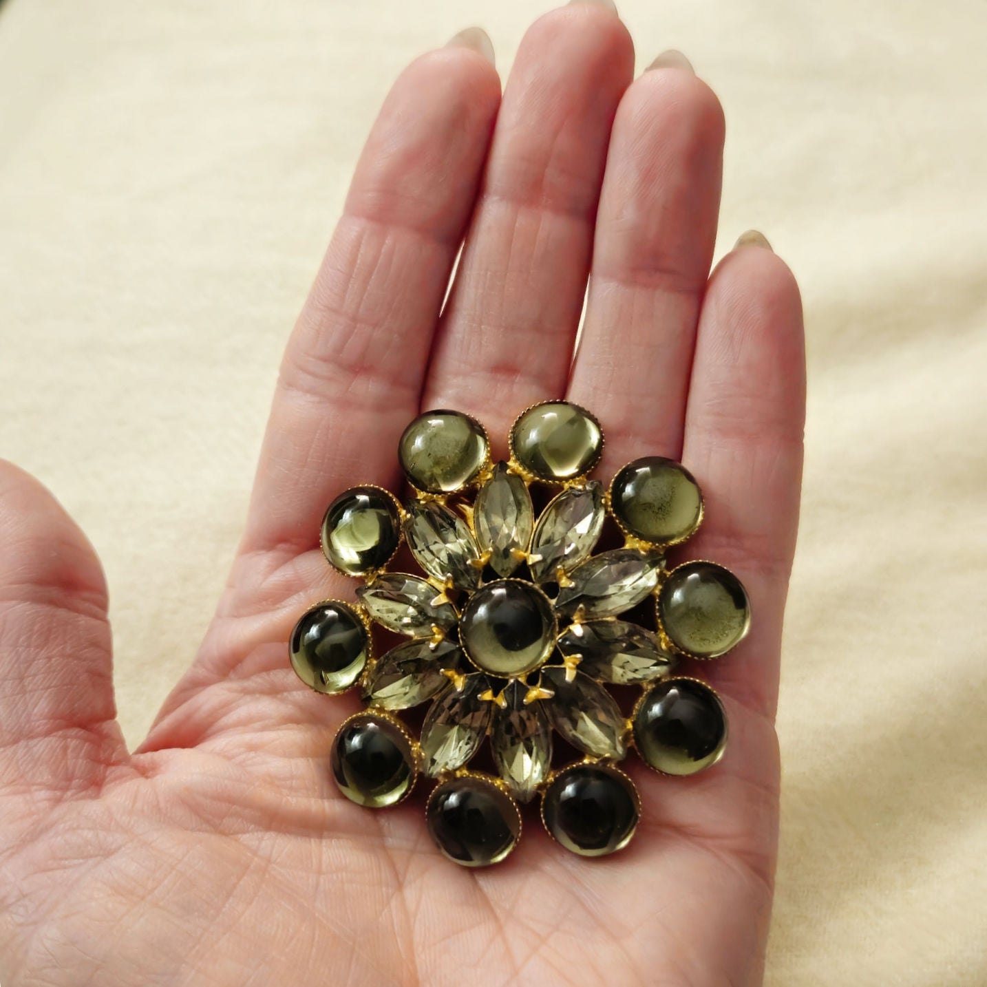 Vintage Olive Green and Smoky Rhinestone Brooch | Large Mid Century Statement Floral Cluster Pin