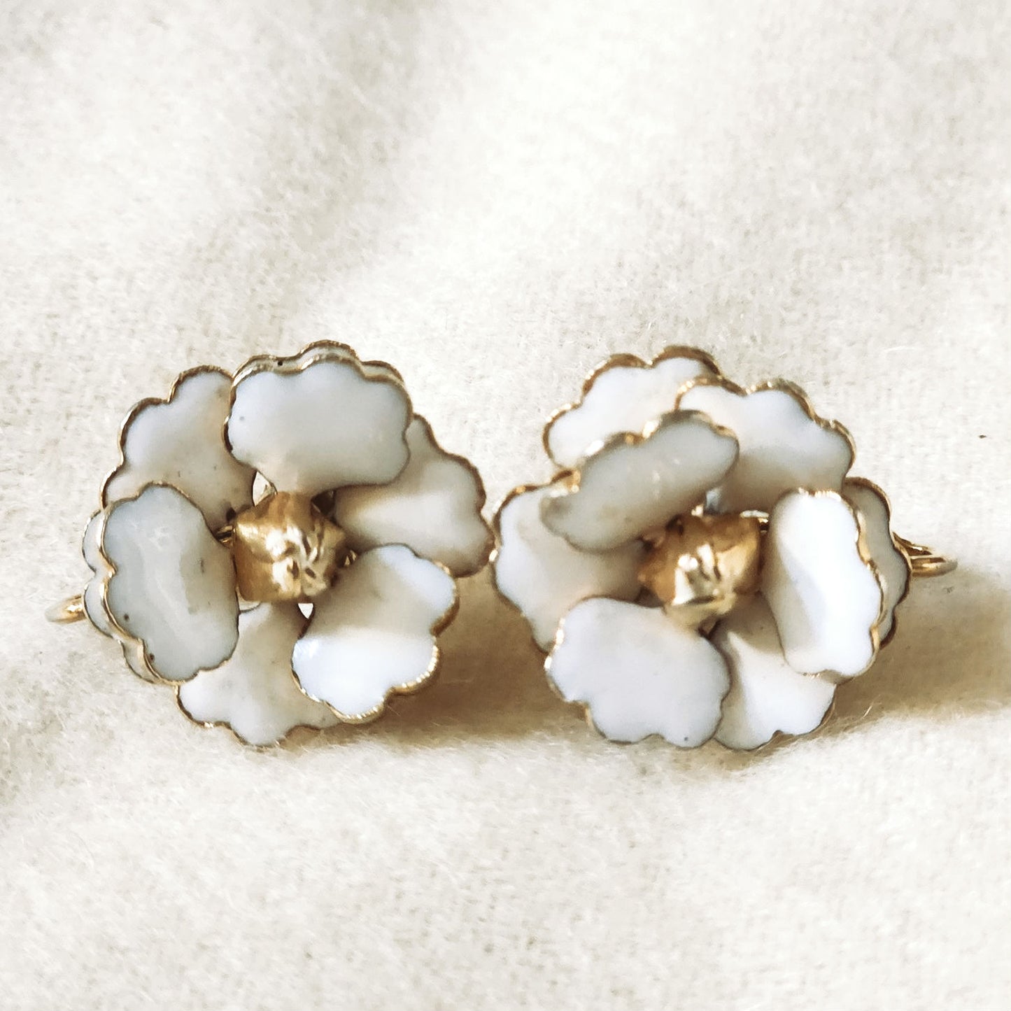 Mid-Century White Enamel Gardenia Flower Brooch & Clip-On Earrings Set
