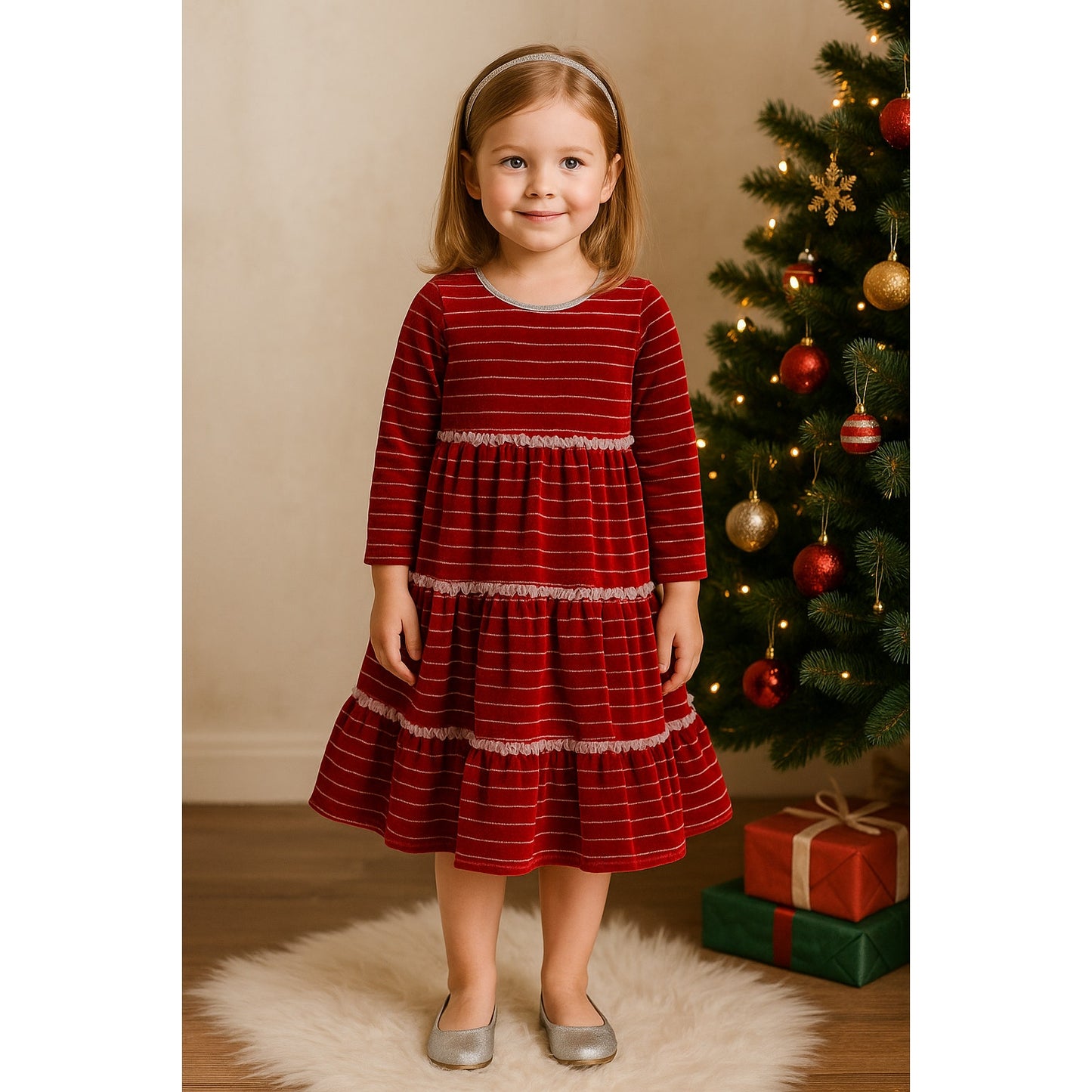 🎄 Hanna Andersson Girls' Striped Lurex Velour Holiday Dress – Cranberry & Silver – Size 110 cm (5)