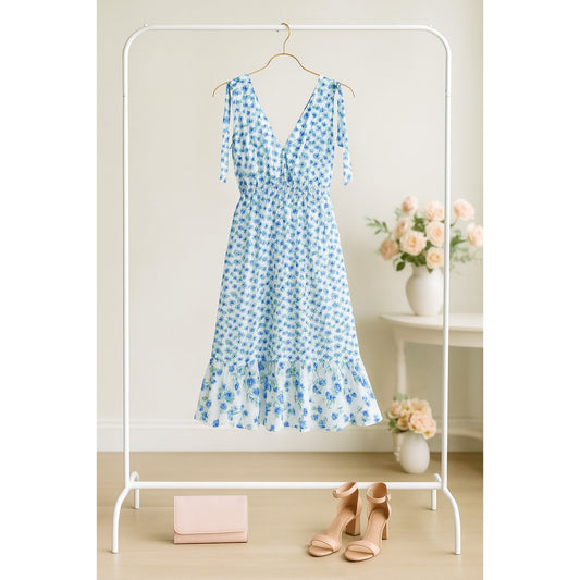 Shoshanna Helena Dress | Blue Floral Midi | Size 8 | Sleeveless Lightweight Viscose