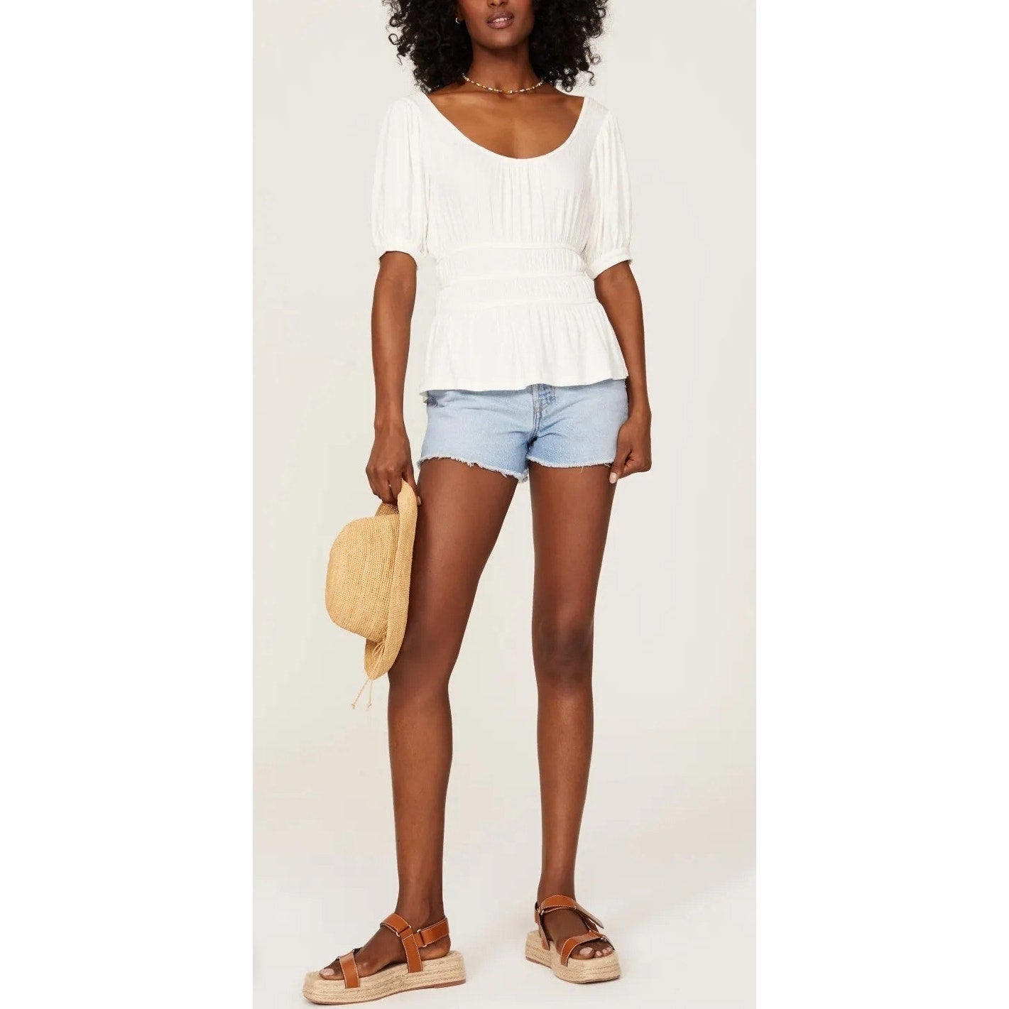 Slate & Willow White Smocked Peplum Top Puff Sleeve Rayon Scoop Neck Blouse | Women's Size M