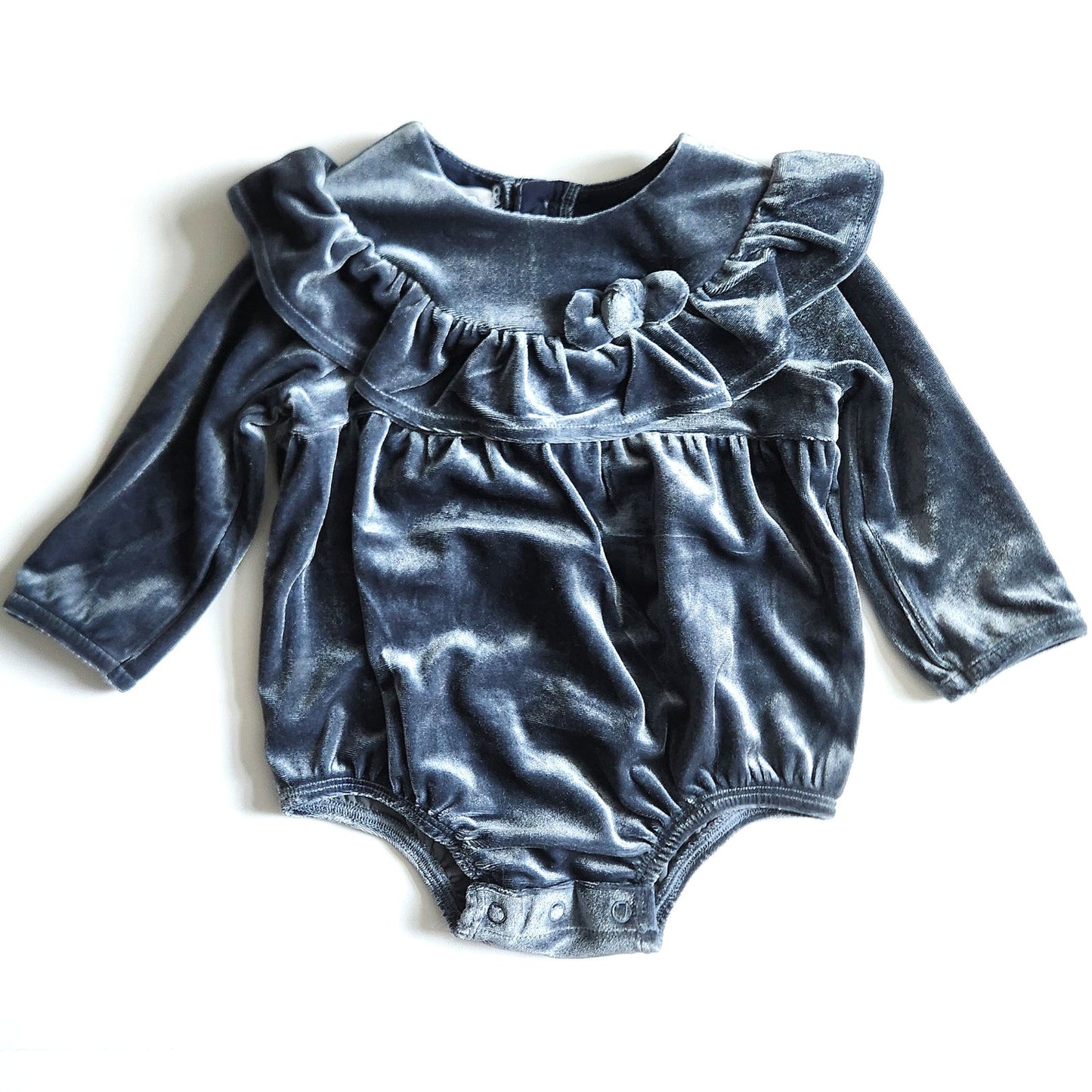 Mud Pie	Blue Velvet Baby Romper | Long Sleeve Ruffle One Piece | NWT | Size 3-6M