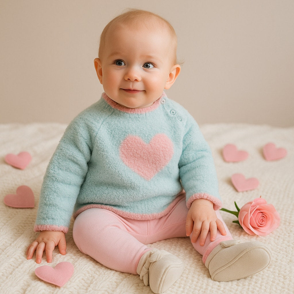 Hartstrings Vintage 1990s Light Blue Chenille Pink Heart Sweater | Baby Size 24M