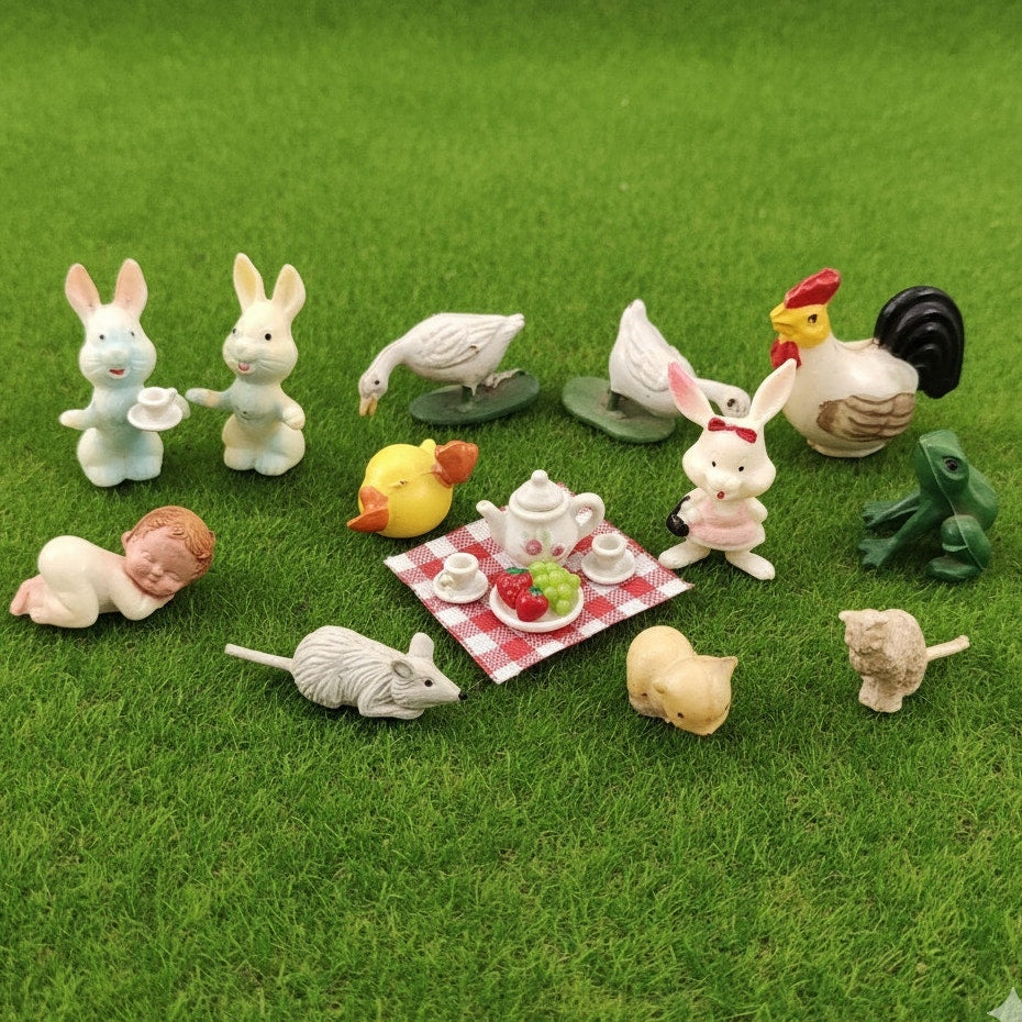 🐔 Vintage Miniature Animal Figurine Lot – 12 Pieces | Farm, Forest & Nursery Theme | Kids Dollhouse Scale Collectibles