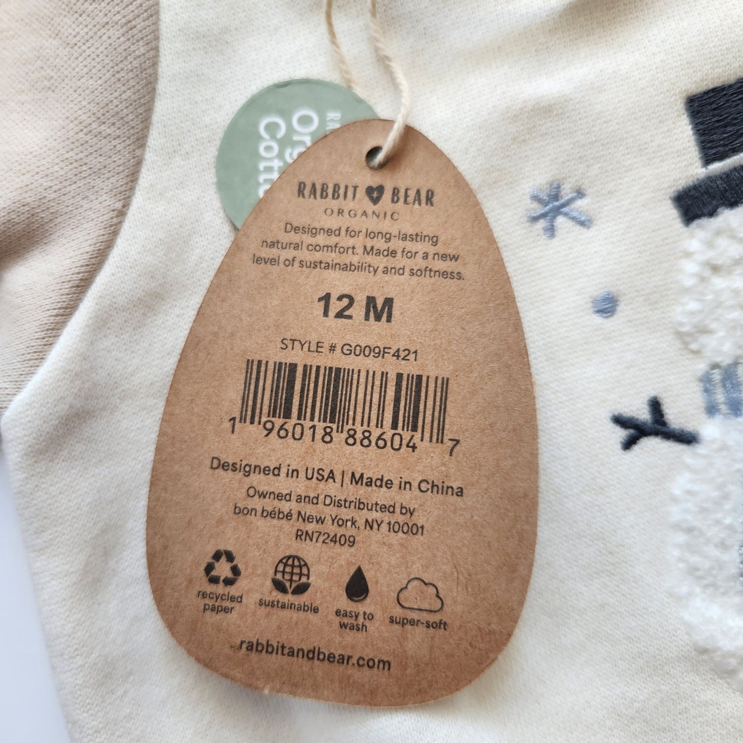 Rabbit + Bear Organic Cotton Infant Snowman Sweatshirt 12M – Cream & Beige with Textured Embroidery NWT