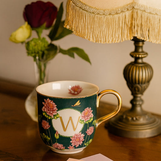 Anthropologie Lou Rota Monogram Mug “W” Green Floral Lotus Design w/ Gold Handle | Home