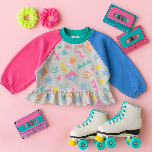 1980s Girls Ruffle Sweatshirt with Color Block Sleeves | Size 6x