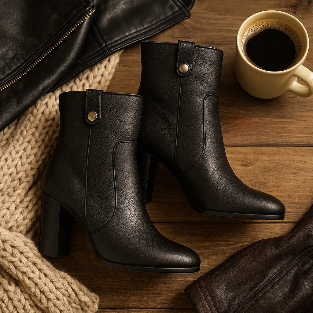 Black Pebbled Leather Heeled Ankle Booties with Pewter Stud | Women's 7.5 | NWOT