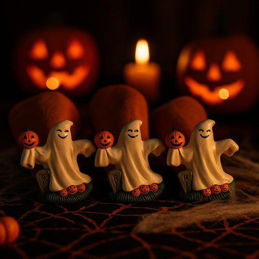 Set of 3 Vintage Halloween Ghost Napkin Rings – Jack-o’-Lantern Pumpkin & Tombstone Stoneware – Spooky Table Home Decor
